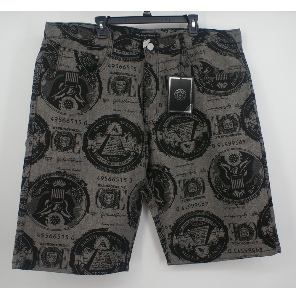 Young‎ Rich & Famous Mens Money Print Denim Shorts Grey Black Size 44 NWT Trap - Picture 10 of 10
